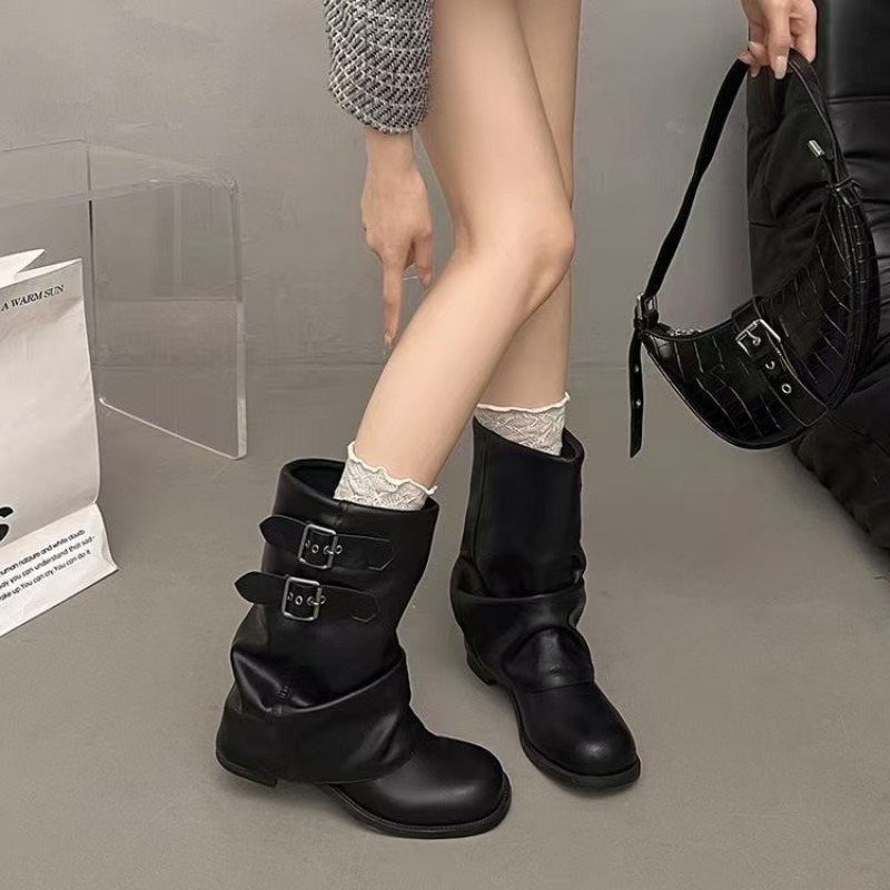 Boot Sock Slouchy - Schwarze Damenstiefel mit Doppelschnalle, niedrigem Blockabsatz,